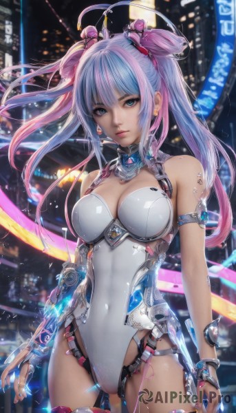 1girl,solo,long hair,breasts,looking at viewer,smile,bangs,blue eyes,large breasts,hair ornament,thighhighs,gloves,cleavage,bare shoulders,twintails,jewelry,medium breasts,closed mouth,blue hair,standing,pink hair,ahoge,multicolored hair,cowboy shot,earrings,nail polish,two-tone hair,white thighhighs,leotard,lips,covered navel,tattoo,ass visible through thighs,skin tight,highleg leotard,science fiction,city,realistic,white leotard,arms at sides,cyborg,barcode,city lights,cyberpunk,purple hair,artist name,signature,bracelet,streaked hair,floating hair,highleg,building,armlet,blue nails,cityscape,cable,skyscraper