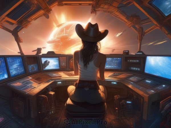 1girl,solo,long hair,black hair,hat,bare shoulders,sitting,ass,sleeveless,belt,pants,indoors,signature,from behind,tank top,denim,science fiction,jeans,facing away,computer,monitor,white tank top,planet,cowboy hat,spacecraft,hologram,joystick,brown hair,sunlight,sunset,television,stool,video game,holographic interface