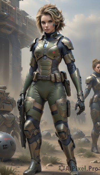 1girl,breasts,looking at viewer,short hair,multiple girls,blonde hair,brown hair,gloves,holding,2girls,brown eyes,standing,full body,weapon,boots,outdoors,sky,solo focus,belt,cloud,holding weapon,armor,lips,gun,bodysuit,robot,holding gun,rifle,handgun,science fiction,pouch,realistic,assault rifle,pilot suit,power armor,parted lips,day,goggles,armored boots,dirty