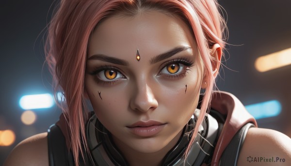 1girl,solo,looking at viewer,short hair,bare shoulders,brown eyes,closed mouth,pink hair,sleeveless,hood,blurry,lips,orange eyes,eyelashes,makeup,depth of field,blurry background,facial mark,hood down,portrait,close-up,forehead,freckles,forehead mark,realistic,nose,jewelry,yellow eyes,earrings,artist name