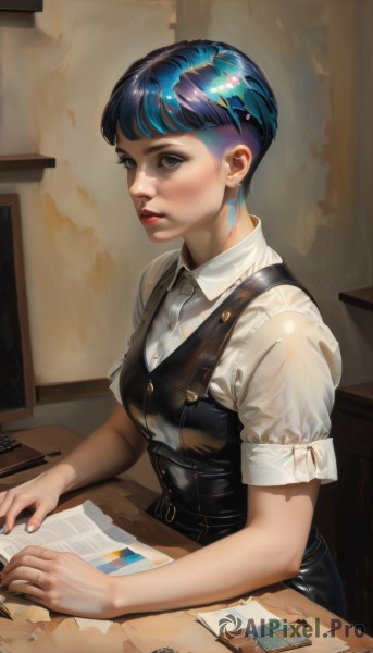 1girl,solo,breasts,short hair,bangs,blue eyes,shirt,jewelry,sitting,blue hair,white shirt,upper body,short sleeves,multicolored hair,earrings,parted lips,puffy sleeves,collared shirt,indoors,nail polish,vest,two-tone hair,puffy short sleeves,lips,fingernails,grey eyes,makeup,buttons,table,lipstick,desk,black vest,paper,realistic,nose,pencil,looking at viewer,dress,small breasts,black eyes,black dress,book,piercing,ear piercing