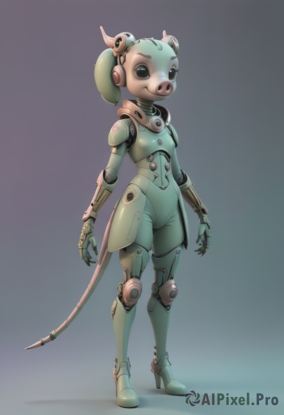 1girl,solo,looking at viewer,animal ears,twintails,green eyes,standing,tail,full body,small breasts,gradient,gradient background,bodysuit,mask,headgear,helmet,robot,skin tight,science fiction,android,joints,cable,cyborg,robot joints,cyberpunk,mechanical legs,humanoid robot,mechanical tail,mechanical ears,simple background,armor,black eyes,high heels,no humans,mecha,power armor