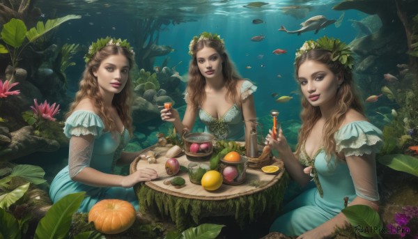 long hair,breasts,looking at viewer,smile,blue eyes,multiple girls,brown hair,hair ornament,dress,holding,cleavage,brown eyes,medium breasts,sitting,flower,short sleeves,parted lips,food,hair flower,3girls,water,cup,lips,makeup,fruit,blue dress,bird,animal,leaf,wavy hair,table,sunlight,knife,plant,fish,bubble,light rays,underwater,spoon,fork,glass,air bubble,head wreath,mushroom,grapes,orange (fruit),lemon,lily pad,seaweed,jewelry,braid,earrings,teeth,tree,see-through,bottle,lipstick,nature,drinking glass,green dress,fantasy,tablecloth