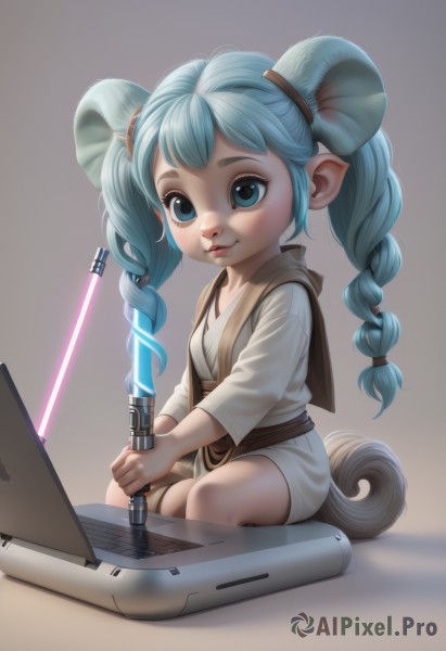 1girl,solo,long hair,looking at viewer,smile,blue eyes,animal ears,twintails,sitting,blue hair,tail,weapon,braid,horns,pointy ears,sword,twin braids,lips,aqua hair,computer,laptop,energy sword,lightsaber,blush,holding,aged down,robe,realistic,nose