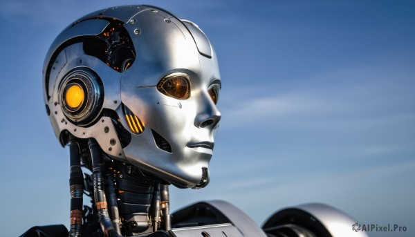 solo,1boy,male focus,sky,day,blue sky,no humans,helmet,robot,portrait,mecha,science fiction,realistic,android,cable,looking ahead,humanoid robot,1girl,blurry,from side,lips,orange eyes,blurry background,glowing,close-up,machinery