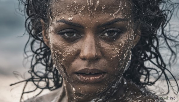 1girl,solo,looking at viewer,black hair,brown eyes,closed mouth,parted lips,dark skin,medium hair,water,blurry,black eyes,dark-skinned female,lips,wet,blurry background,dark-skinned male,messy hair,portrait,curly hair,realistic,straight-on,very dark skin,1boy,male focus,facial hair,close-up