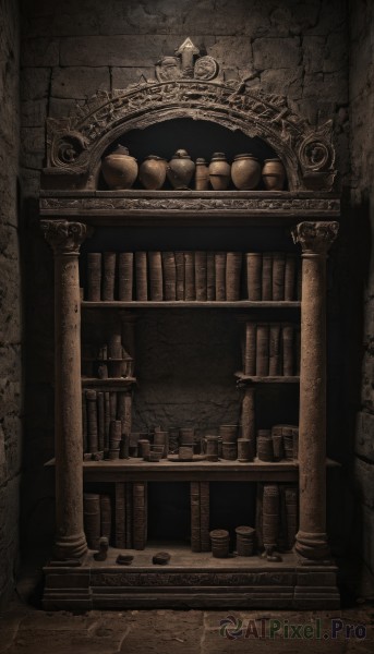 monochrome,indoors,book,no humans,bottle,scenery,stairs,bookshelf,wall,sepia,shelf,pillar,library,brown theme,jar,wood