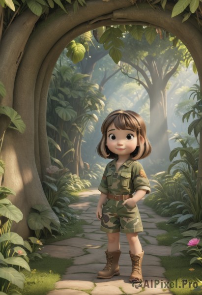 1girl,solo,looking at viewer,smile,short hair,bangs,brown hair,shirt,brown eyes,closed mouth,standing,jacket,full body,flower,short sleeves,boots,outdoors,shorts,day,belt,medium hair,uniform,black eyes,tree,military,military uniform,leaf,brown footwear,sunlight,grass,plant,child,nature,pink flower,sleeves rolled up,forest,walking,pocket,hand in pocket,green jacket,green shirt,female child,breast pocket,camouflage,green shorts,path,camouflage jacket