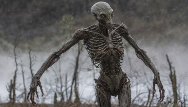 solo,looking at viewer,red eyes,1boy,standing,male focus,cowboy shot,outdoors,sky,blurry,tree,no humans,blurry background,robot,claws,1other,monster,ribs,skeleton,bare tree,bone,horror (theme),grey sky,science fiction,realistic,alien