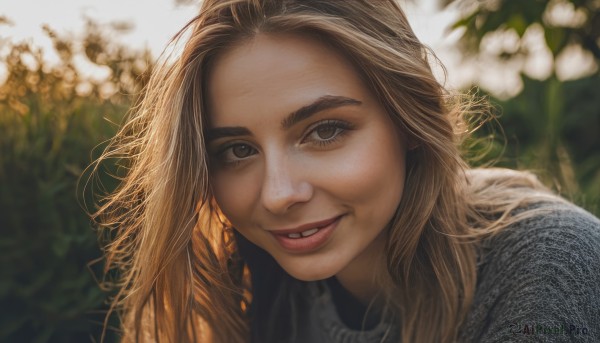 1girl,solo,long hair,looking at viewer,smile,blonde hair,brown hair,brown eyes,flower,outdoors,parted lips,teeth,grin,blurry,lips,depth of field,blurry background,white flower,portrait,forehead,realistic,nose,shirt,day,thick eyebrows