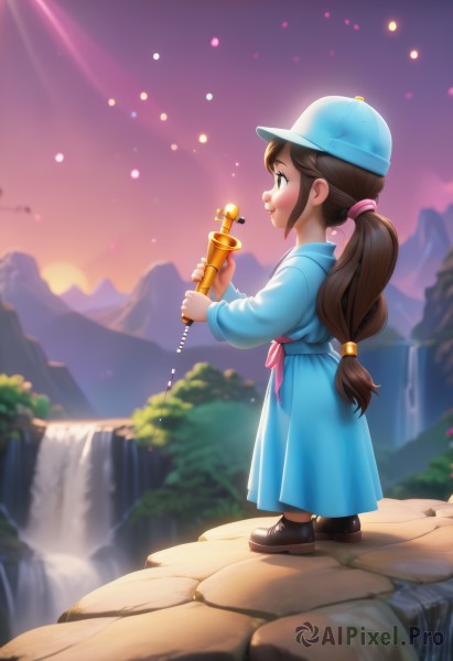 1girl,solo,long hair,smile,brown hair,long sleeves,hat,dress,holding,brown eyes,standing,full body,ponytail,weapon,outdoors,sky,shoes,water,black footwear,blurry,from side,gun,profile,blurry background,blue dress,blue shirt,child,low ponytail,blue headwear,low-tied long hair,female child,waterfall,multi-tied hair,boots,sash,brown footwear,instrument,baseball cap,sunset,rock,mountain