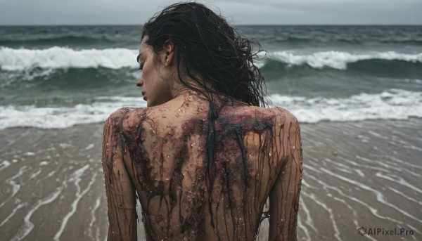 1girl,solo,long hair,black hair,1boy,closed eyes,upper body,male focus,nude,outdoors,day,dark skin,water,from behind,blurry,wet,tattoo,blurry background,ocean,back,beach,realistic,sand,wet hair,waves,back tattoo,back focus,blood,injury,horizon,shore