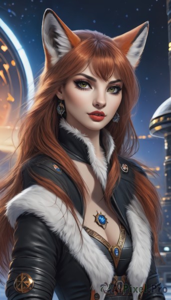 1girl,solo,long hair,breasts,looking at viewer,brown hair,animal ears,cleavage,jewelry,medium breasts,green eyes,jacket,upper body,earrings,parted lips,open clothes,artist name,necklace,mole,lips,coat,fur trim,fox ears,makeup,night,fox tail,lipstick,fox girl,gem,pendant,red lips,bangs,large breasts,closed mouth,yellow eyes,outdoors,sky,signature,eyelashes,star (sky),eyeshadow,starry sky,realistic,nose,eyeliner,mascara