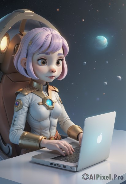 1girl,solo,breasts,smile,short hair,bangs,long sleeves,brown eyes,sitting,closed mouth,upper body,pink hair,purple hair,hairband,small breasts,artist name,lips,bodysuit,chair,bob cut,star (sky),web address,freckles,science fiction,nose,space,computer,planet,laptop,earth (planet),spacecraft,spacesuit,space helmet,blush,light purple hair,realistic