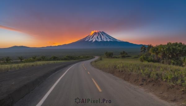 outdoors,sky,cloud,tree,no humans,grass,nature,scenery,forest,sunset,mountain,road,evening,landscape,mountainous horizon,gradient sky,orange sky,path,hill,plant,bush