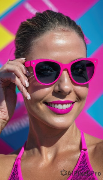 1girl,solo,looking at viewer,smile,short hair,brown hair,black hair,collarbone,one eye closed,glasses,teeth,hand up,dark skin,grin,blurry,black eyes,dark-skinned female,lips,fingernails,makeup,sunglasses,lipstick,portrait,pink nails,realistic,adjusting eyewear,tinted eyewear,pink-framed eyewear,pink-tinted eyewear,purple-tinted eyewear,swimsuit,bikini