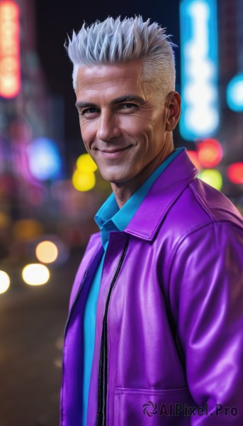 solo,looking at viewer,smile,short hair,shirt,1boy,brown eyes,closed mouth,jacket,upper body,white hair,grey hair,male focus,outdoors,open clothes,collared shirt,blurry,night,depth of field,blurry background,blue shirt,realistic,purple jacket,old,old man,wrinkled skin,long sleeves,artist name,signature,from side,open jacket,lips,grey eyes,scar,scar on face,purple shirt,bokeh