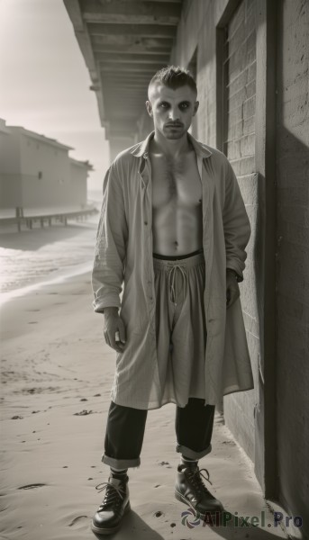 solo,looking at viewer,short hair,shirt,long sleeves,1boy,navel,jewelry,closed mouth,standing,monochrome,full body,greyscale,male focus,boots,outdoors,open clothes,shoes,pants,coat,open shirt,buttons,facial hair,pectorals,building,sneakers,hand in pocket,realistic,chest hair,nipples,artist name,muscular,abs,muscular male,bara,open coat,undercut