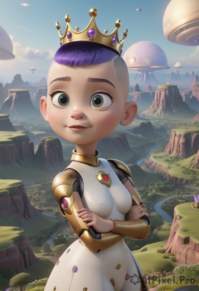 1girl,solo,breasts,looking at viewer,smile,short hair,dress,green eyes,standing,purple hair,small breasts,outdoors,parted lips,sky,day,cloud,black eyes,covered nipples,blue sky,lips,crossed arms,grass,crown,freckles,science fiction,joints,mechanical arms,mushroom,white bodysuit,cyborg,single mechanical arm,prosthesis,prosthetic arm,artist name,tree,bodysuit,mountain