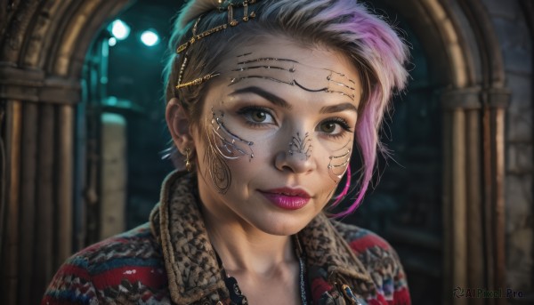 1girl,solo,looking at viewer,short hair,brown hair,black hair,brown eyes,jewelry,closed mouth,pink hair,purple hair,multicolored hair,earrings,blurry,two-tone hair,lips,eyelashes,makeup,blurry background,piercing,lipstick,portrait,eyeshadow,freckles,realistic,nose,very short hair,undercut,mascara,hair ornament,tattoo,depth of field,ear piercing,eyeliner,facial tattoo,pillar,nose piercing,eyebrow piercing