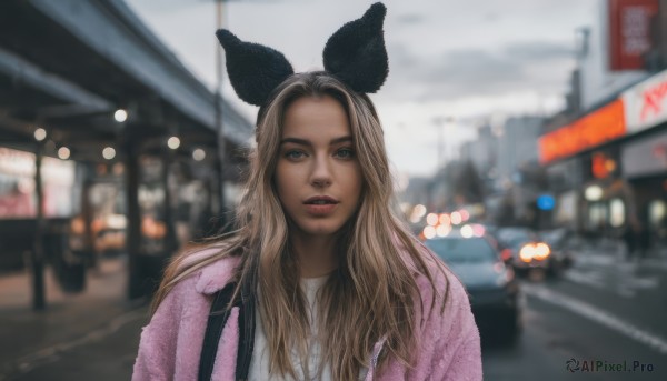 1girl,solo,long hair,looking at viewer,blonde hair,brown hair,shirt,bow,brown eyes,jacket,white shirt,upper body,hair bow,multicolored hair,hairband,outdoors,parted lips,teeth,bag,blurry,lips,black bow,depth of field,blurry background,building,realistic,road,pink jacket,street,photo background,blue eyes,animal ears,dark skin,rabbit ears,dark-skinned female,parted bangs,fake animal ears,ground vehicle,motor vehicle,car