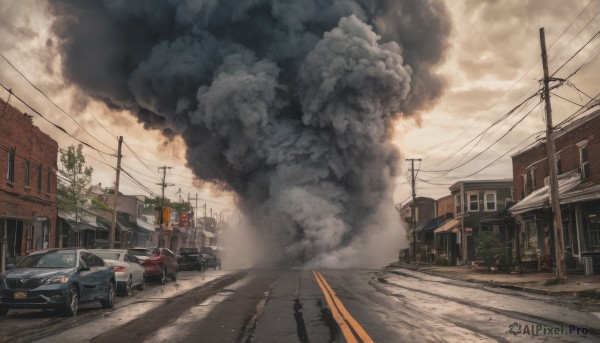 outdoors, sky, cloud, tree, dutch angle, no humans, cloudy sky, ground vehicle, building, scenery, motor vehicle, smoke, sign, car, road, power lines, street, utility pole, road sign, crosswalk