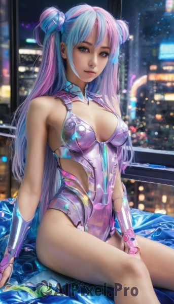 1girl,solo,long hair,breasts,looking at viewer,smile,bangs,gloves,cleavage,bare shoulders,brown eyes,medium breasts,sitting,closed mouth,blue hair,pink hair,purple hair,flower,thighs,multicolored hair,indoors,fingerless gloves,hair bun,two-tone hair,leotard,lips,window,double bun,night,realistic,city lights,blue eyes,artist name,blurry,blurry background,watermark,science fiction