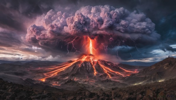 outdoors, sky, cloud, no humans, cloudy sky, fire, scenery, mountain, electricity, lightning, landscape, molten rock