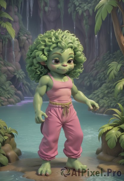 1girl,solo,breasts,smile,cleavage,brown eyes,closed mouth,standing,full body,small breasts,outdoors,green hair,barefoot,pointy ears,pants,water,tree,toes,colored skin,tank top,plant,child,nature,forest,toenails,curly hair,rock,green skin,waterfall,baggy pants,fewer digits,goblin,long hair,muscular,leaf,abs,monster girl,muscular female,pink pants,plant girl