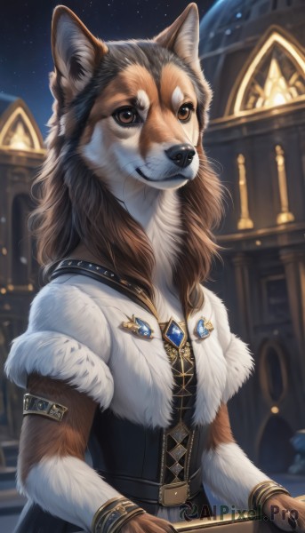 1girl,solo,long hair,looking at viewer,smile,brown hair,animal ears,brown eyes,jewelry,standing,white shirt,upper body,short sleeves,outdoors,sky,belt,artist name,signature,necklace,blurry,flat chest,bracelet,fur trim,night,blurry background,brooch,building,gem,star (sky),night sky,corset,furry,armlet,pendant,starry sky,dog,furry female,bracer,cross-laced clothes,furry male,body fur,fur,animal nose,snout,fluffy,werewolf,gloves,holding,closed mouth,jacket,watermark,white fur,brown fur