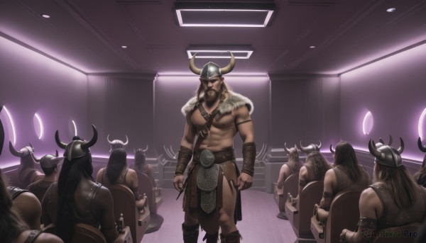 long hair,multiple girls,black hair,1boy,jewelry,sitting,nipples,standing,ass,male focus,multiple boys,horns,solo focus,indoors,dark skin,muscular,facial hair,6+girls,abs,dark-skinned male,helmet,pectorals,muscular male,bara,pelvic curtain,beard,large pectorals,6+boys,topless male,mature male,cow horns,fake horns,bald,leather,harness,chest hair,biceps,crowd,chest harness,horned helmet,brown hair,holding,weapon,belt,sword,armor,axe,manly