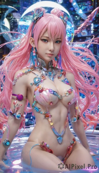 1girl,solo,long hair,breasts,looking at viewer,bangs,blue eyes,hair ornament,navel,cleavage,jewelry,medium breasts,sitting,swimsuit,pink hair,earrings,parted lips,water,bracelet,lips,wet,revealing clothes,armlet,partially submerged,science fiction,realistic,android,cyberpunk,bare shoulders,bikini,hairband,pool,bikini armor