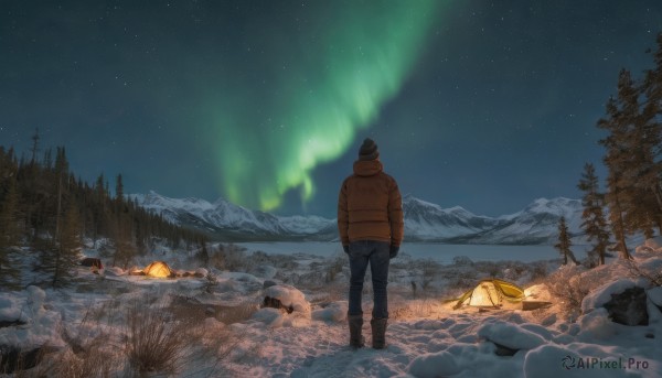 1girl,solo,long sleeves,1boy,hat,standing,jacket,male focus,boots,outdoors,sky,pants,from behind,tree,coat,night,fire,denim,ground vehicle,star (sky),nature,night sky,scenery,snow,forest,smoke,starry sky,brown jacket,jeans,rock,mountain,beanie,winter clothes,wide shot,winter,tent,campfire,aurora,gloves,water,black pants,grass,winter coat,milky way