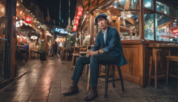 solo,looking at viewer,smile,short hair,brown hair,shirt,black hair,long sleeves,1boy,hat,sitting,jacket,white shirt,male focus,boots,outdoors,multiple boys,necktie,shoes,solo focus,pants,indoors,black footwear,cup,night,facial hair,chair,brown footwear,formal,table,suit,plant,blue jacket,building,scenery,6+boys,watch,lantern,city,wristwatch,potted plant,lamp,stool,paper lantern,shop,restaurant,cafe,pavement,multiple girls,brown eyes,jewelry,closed mouth,open clothes,collared shirt,window,bottle,denim,alcohol,drinking glass,blue headwear,cigarette,jeans,sign,realistic,blue pants,tiles,tile floor,wide shot,bar (place),lights,neon lights,vanishing point,bar stool