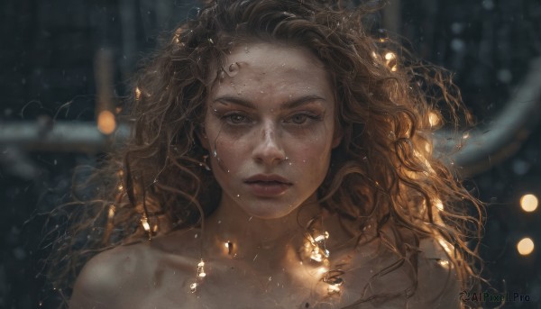 1girl,solo,long hair,looking at viewer,brown hair,brown eyes,closed mouth,collarbone,nude,parted lips,blurry,lips,wet,depth of field,blurry background,wavy hair,expressionless,messy hair,portrait,freckles,science fiction,curly hair,realistic,nose,bare shoulders,jewelry,upper body,earrings,eyelashes,glowing,light particles,forehead,rain,light,dirty,dirty face