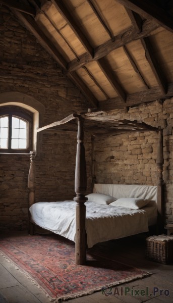 day,indoors,pillow,no humans,window,bed,bed sheet,on bed,sunlight,scenery,wooden floor,stairs,door,blanket,wall,bedroom,carpet,rug,basket,lamp,brick wall,stone floor,brick