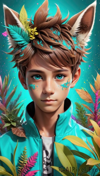 solo,looking at viewer,short hair,bangs,blue eyes,brown hair,shirt,hair ornament,1boy,animal ears,closed mouth,jacket,white shirt,upper body,flower,male focus,open clothes,artist name,cat ears,aqua eyes,open jacket,lips,fox ears,eyelashes,leaf,watermark,blue background,facial mark,feathers,plant,portrait,extra ears,zipper,freckles,aqua background,hair flower,dog ears,web address,facepaint,dog boy