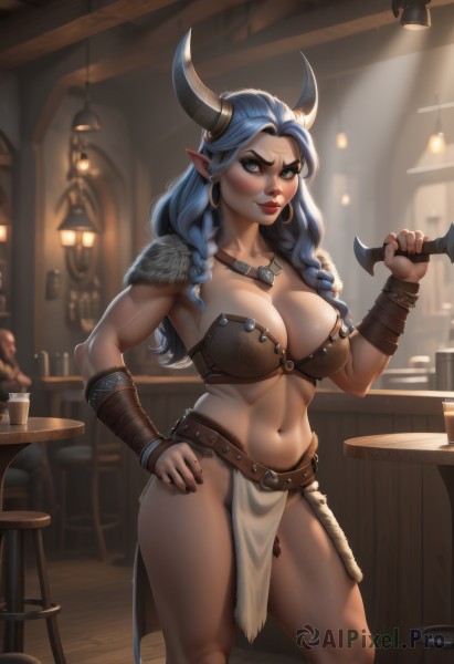 1girl,solo,long hair,breasts,looking at viewer,blush,smile,blue eyes,large breasts,navel,holding,cleavage,jewelry,blue hair,standing,collarbone,weapon,braid,thighs,earrings,horns,pointy ears,belt,sword,artist name,indoors,nail polish,holding weapon,armor,blurry,lips,hand on hip,fur trim,makeup,muscular,blurry background,scar,thick thighs,piercing,abs,table,thick eyebrows,lipstick,shoulder armor,revealing clothes,black nails,pelvic curtain,toned,hoop earrings,nose,fantasy,muscular female,vambraces,red lips,bracer,axe,bikini armor,loincloth,thick lips,necklace,twin braids,holding sword,cow horns,hammer,holding hammer