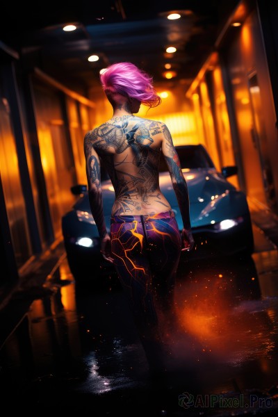 1girl,solo,short hair,standing,pink hair,ass,pants,dark skin,from behind,blurry,dark-skinned female,tattoo,night,blurry background,back,topless,piercing,denim,ground vehicle,motor vehicle,arms at sides,facing away,car,arm tattoo,undercut,median furrow,back tattoo,full-body tattoo,gloves,jewelry,underwear,panties,cowboy shot,earrings,black gloves,artist name,fingerless gloves,bracelet,depth of field,ear piercing,reflection,thong,very short hair,shoulder blades,purple pants