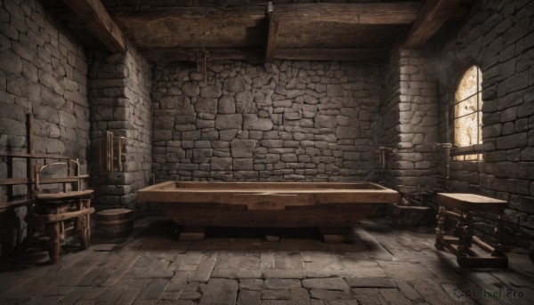 day,indoors,no humans,window,shadow,chair,table,sunlight,scenery,light rays,wooden floor,wall,brick wall,barrel,crate,brick,wooden chair,weapon,sword,stairs,fantasy,door,stool,wooden wall,stone floor,wooden table,stone wall,fireplace,wood,brick floor