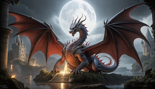 HQ,open mouth,tail,yellow eyes,outdoors,wings,horns,sky,teeth,cloud,water,no humans,night,fangs,moon,cloudy sky,fire,sharp teeth,scenery,claws,full moon,monster,stairs,fantasy,dragon,scales,ruins,castle,dragon wings,tree,glowing,glowing eyes,spikes,rock,bridge,river,flame,breathing fire