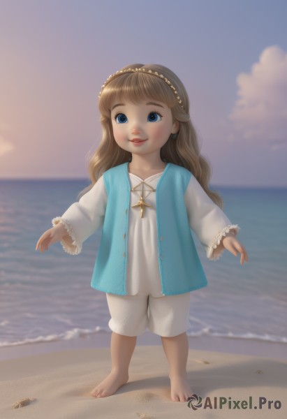 1girl,solo,long hair,looking at viewer,smile,blue eyes,brown hair,shirt,long sleeves,dress,jewelry,standing,full body,white shirt,hairband,outdoors,sky,shorts,barefoot,day,cloud,water,necklace,blurry,blue sky,lips,toes,blurry background,ocean,beach,cross,child,sand,horizon,female child,shell,seashell,blush,cloudy sky,realistic