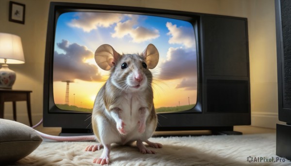 HQ,looking at viewer,standing,sky,cloud,indoors,blue sky,no humans,animal,table,cloudy sky,scenery,claws,sunset,realistic,sun,lamp,television,animal focus,mouse,whiskers,sunrise,year of the rat,solo,full body,black eyes,pokemon (creature),window,bed,chair,bedroom,monitor,carpet