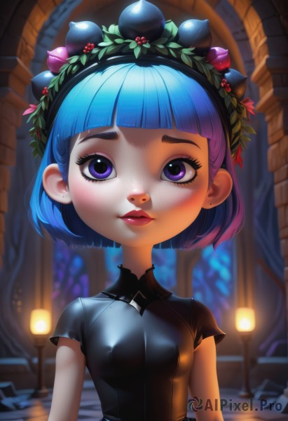 1girl,solo,breasts,looking at viewer,blush,smile,short hair,bangs,blue eyes,shirt,hair ornament,dress,jewelry,blue hair,purple eyes,upper body,flower,short sleeves,multicolored hair,hairband,earrings,small breasts,parted lips,artist name,indoors,hair flower,blunt bangs,blurry,black dress,covered nipples,lips,loli,eyelashes,makeup,depth of field,blurry background,rose,bob cut,lipstick,freckles,red lips,head wreath,stained glass,church,closed mouth,purple hair,two-tone hair,gradient hair,leaf,watermark,web address,nose,object on head,lamppost,wreath