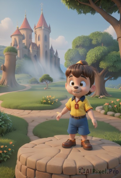 solo,smile,short hair,brown hair,shirt,1boy,brown eyes,closed mouth,standing,full body,flower,short sleeves,male focus,outdoors,sky,shoes,shorts,day,collared shirt,belt,cloud,necklace,tree,blue sky,brown footwear,grass,building,child,furry,blue shorts,yellow shirt,belt buckle,bush,furry male,male child,castle,path,looking at viewer,hat,scenery,road