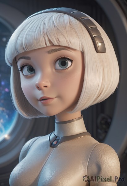 1girl,solo,breasts,looking at viewer,short hair,bangs,blue eyes,blonde hair,upper body,white hair,hairband,small breasts,parted lips,artist name,blunt bangs,blurry,lips,grey eyes,eyelashes,bodysuit,makeup,blurry background,bob cut,portrait,freckles,science fiction,nose,android,cyborg,watermark,web address,realistic,joints,robot joints