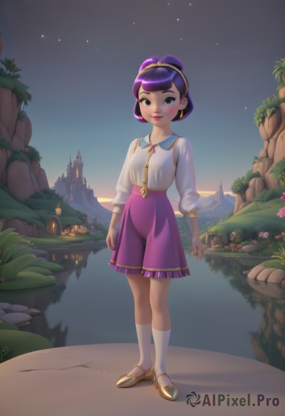 1girl,solo,looking at viewer,smile,short hair,bangs,skirt,shirt,long sleeves,brown eyes,jewelry,standing,full body,white shirt,purple hair,flower,hairband,earrings,outdoors,parted lips,sky,shoes,shorts,teeth,socks,collared shirt,artist name,signature,blunt bangs,water,black eyes,tree,lips,kneehighs,makeup,night,brown footwear,lipstick,white socks,building,star (sky),night sky,starry sky,purple skirt,red lips,shirt tucked in,castle,blush,ribbon,hair bun,single hair bun,blouse,pink skirt