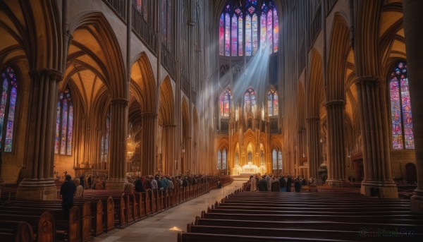 multiple boys,indoors,no humans,window,sunlight,scenery,6+boys,light rays,stairs,light,architecture,sunbeam,pillar,statue,crowd,stained glass,church,arch,column,vanishing point,multiple girls,blonde hair,cross,fire,walking