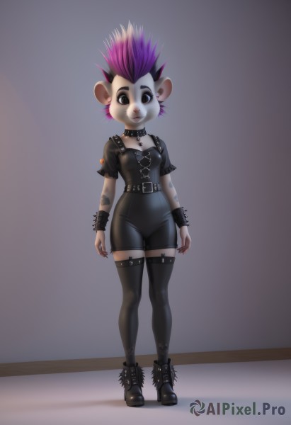 1girl,solo,breasts,looking at viewer,smile,short hair,thighhighs,animal ears,jewelry,standing,full body,pink hair,purple hair,short sleeves,multicolored hair,earrings,small breasts,boots,choker,belt,artist name,black thighhighs,black footwear,black eyes,collar,bracelet,two-tone hair,tattoo,makeup,colored skin,furry,spikes,mouse ears,furry female,leather,spiked bracelet,spiked collar,mouse girl,gothic,mohawk,buck teeth,furrification,shirt,closed mouth,nail polish,flat chest,see-through,bodysuit,thigh boots,piercing,cross,spiked hair,wristband,black nails,eyeshadow,zipper,black belt,black bodysuit,white fur,straight-on,latex,animal nose,two-tone fur,grey fur