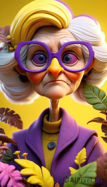 1girl,solo,looking at viewer,blue eyes,hair ornament,closed mouth,jacket,upper body,flower,white hair,multicolored hair,glasses,sweater,bird,leaf,yellow background,purple jacket,old,old woman,wrinkled skin,short hair,blonde hair,purple eyes,open clothes,artist name,blurry,two-tone hair,lips,gradient,gradient background,eyelashes,makeup,turtleneck,frown,watermark,portrait,web address,backlighting,curly hair,nose,orange background,yellow sweater